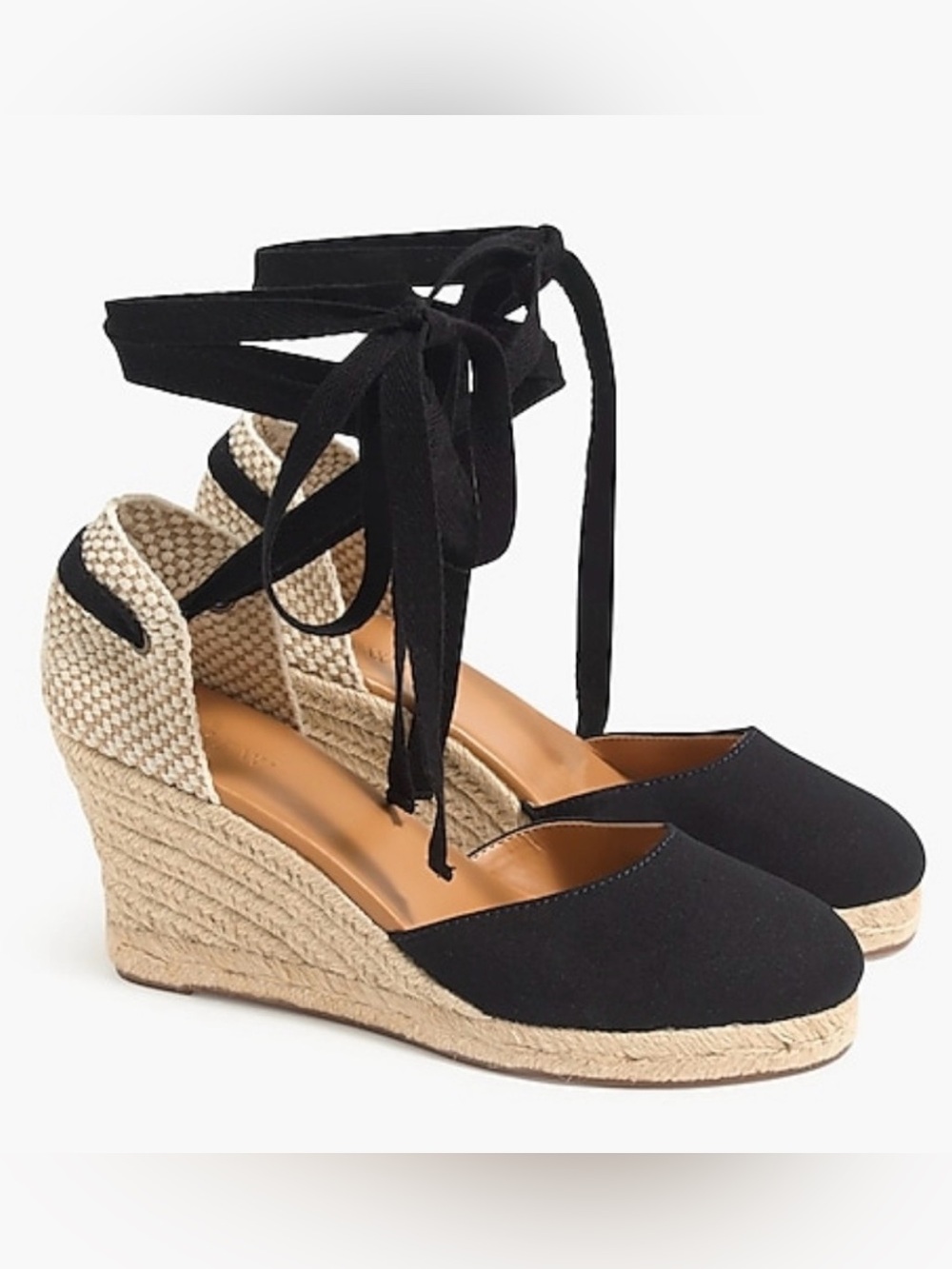 J.Crew Black/Tan Canvas Ankle-Wrap Espadrille Wedges Sz 9.5 round toe
